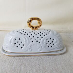 Vintage Ceramic White Gold Accent Butter Dish‎ Dome Lid Diamond Pierced